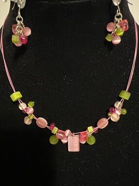 Handcrafted Pink & Green Beaded Necklace and Earring Set Springtime Fashion